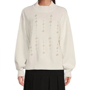 KARL LAGERFELD PARIS Mock Neck Long Sleeve Pearl Embellished Knit Sweater Large